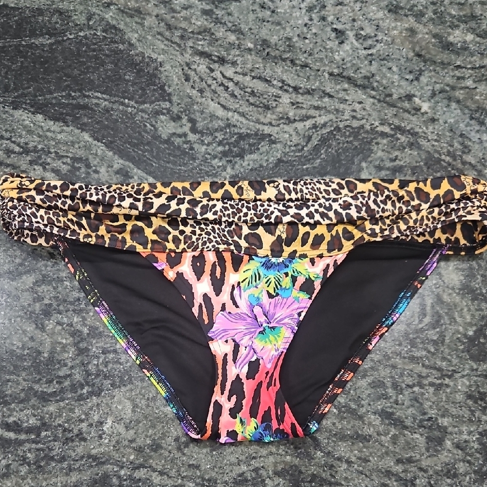 Bathing Suit Leopard Print Bikini Bottom with Floral Accents.